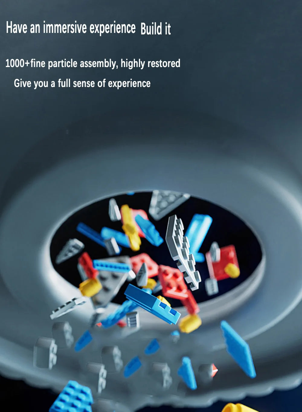 Toy building blocks on a dark surface with promotional text about an immersive experience.