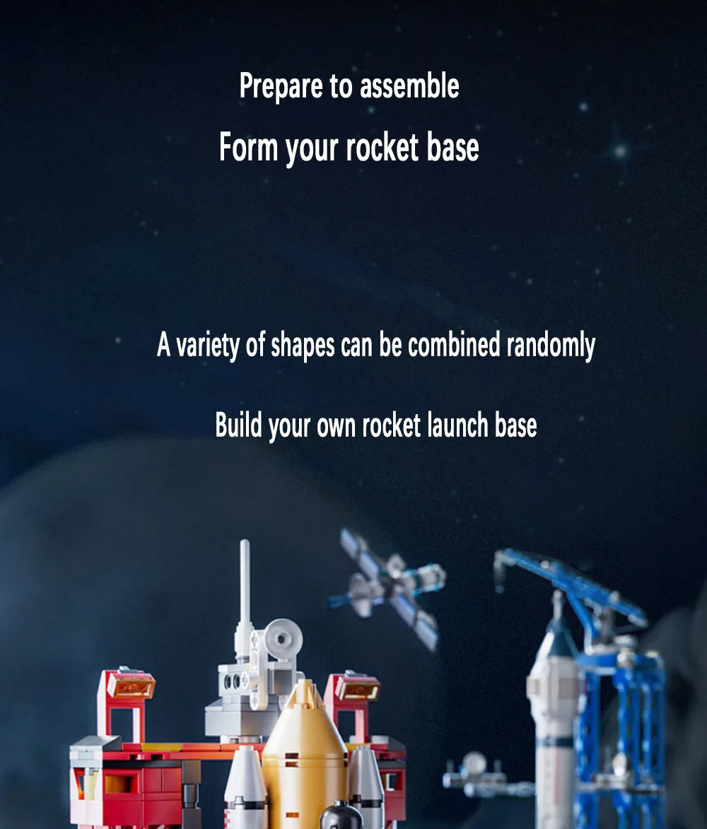 Toy rocket set with text on a space-themed background