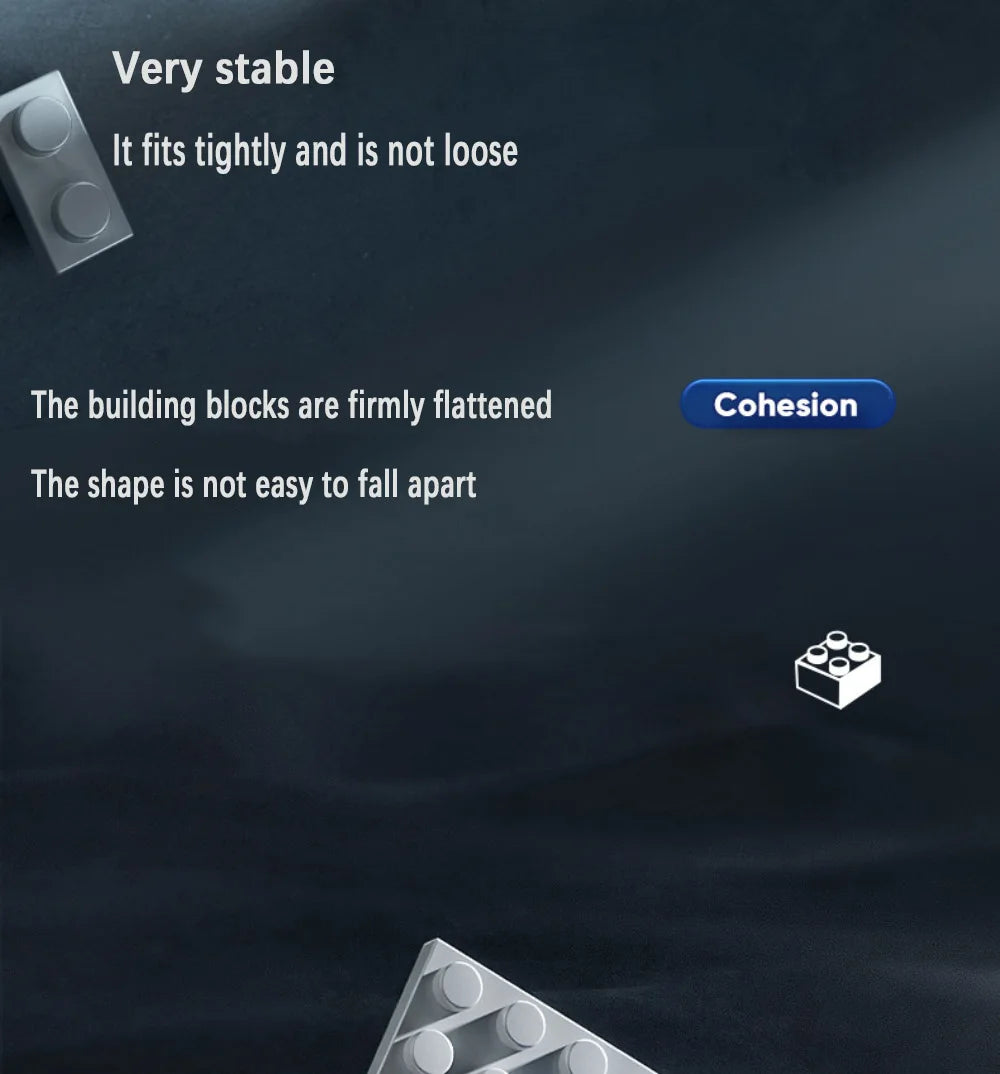 Text describing building block stability and cohesion on a dark background with block illustrations.