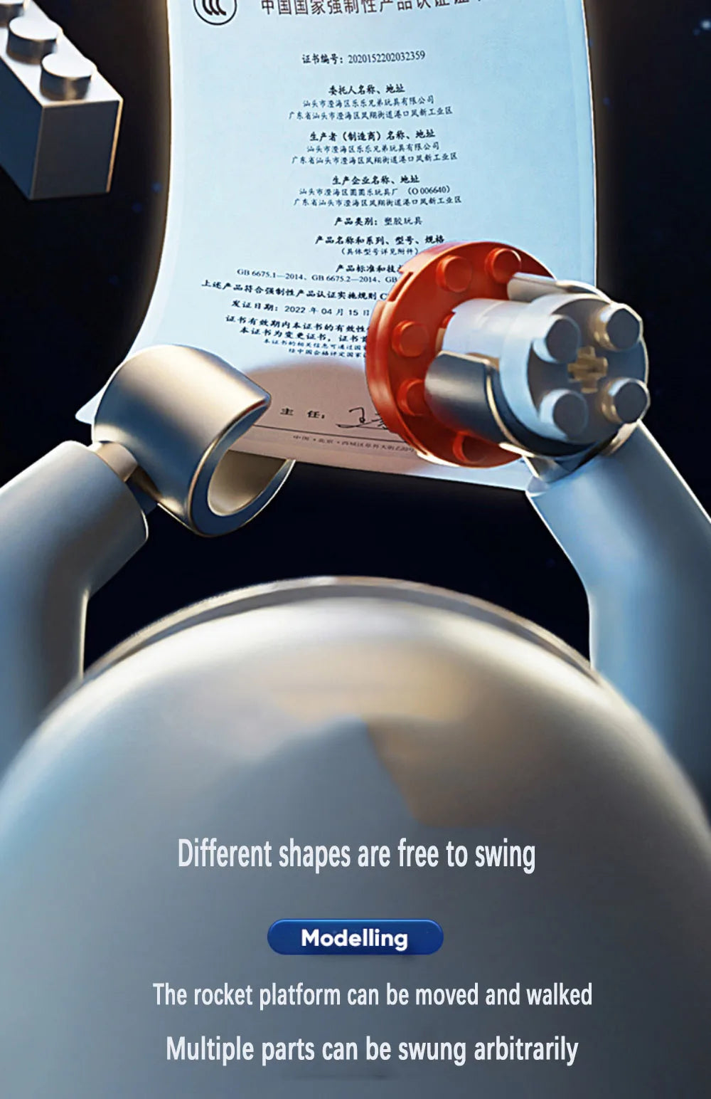 Toy rocket model with movable parts on a dark background