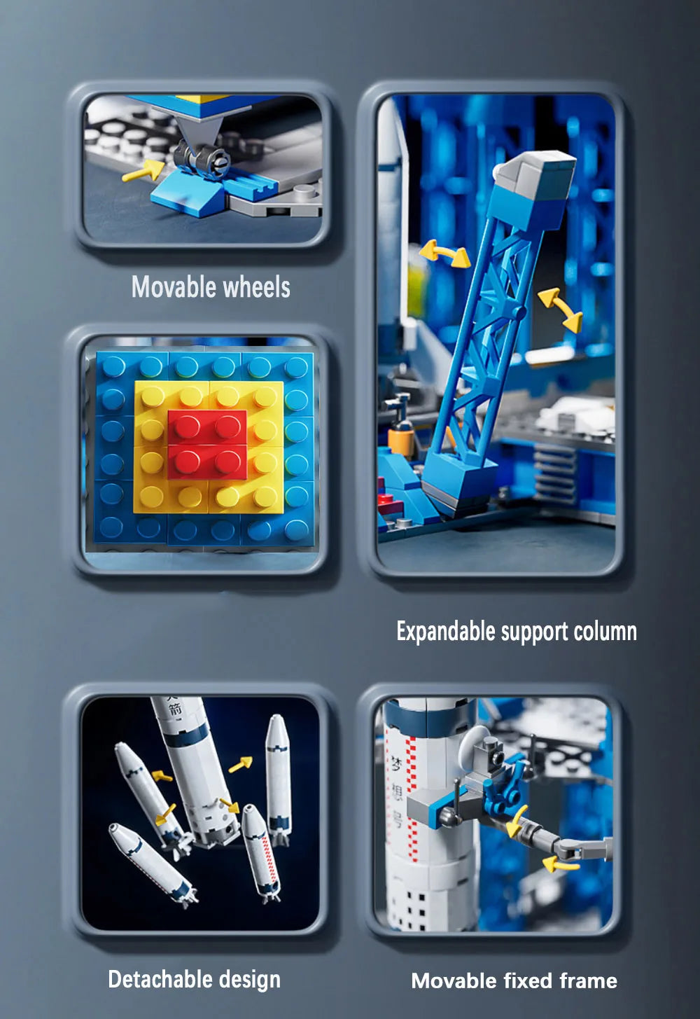 Product features of a building block set with movable wheels, expandable support column, detachable design, and movable fixed frame on a gray background.