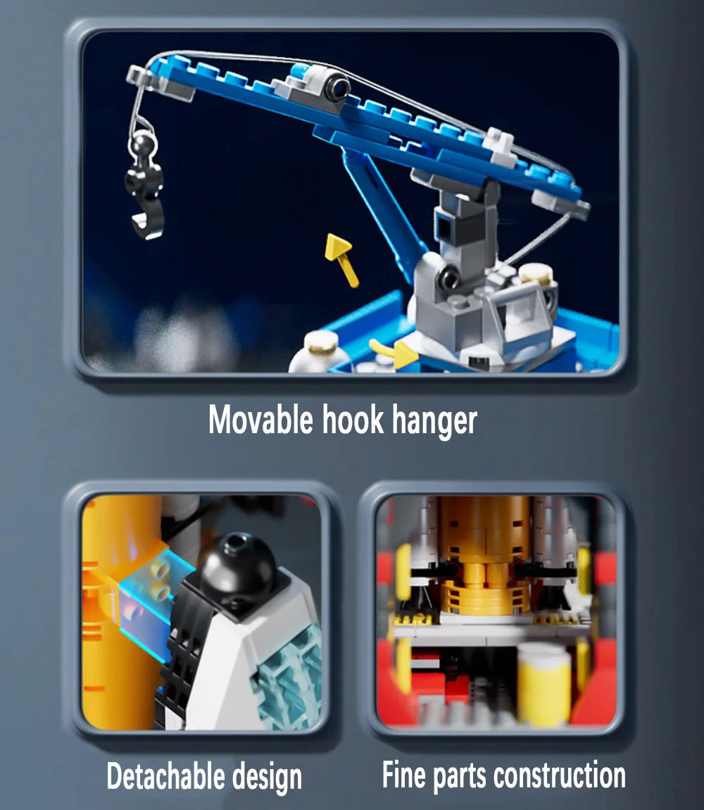 Toy crane set with movable hook hanger and detachable design on a dark background