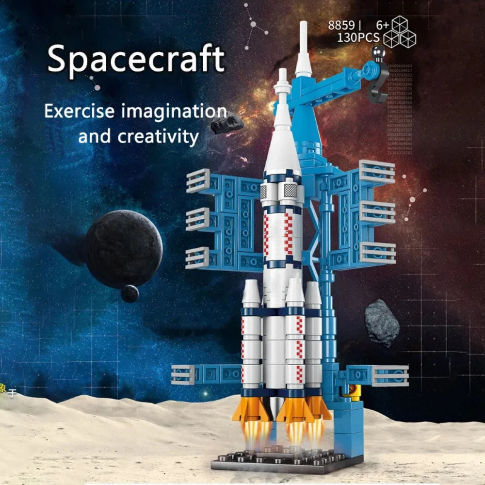 Toy spacecraft model with space-themed background and text encouraging imagination and creativity.