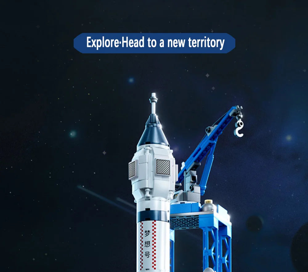 Model rocket with crane picker hanger against a starry space background, featuring text 'Explore-Head to a new territory'.