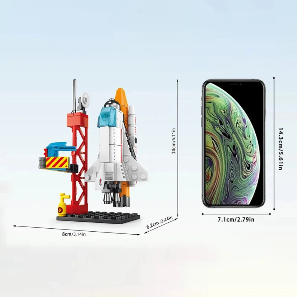 Toy space shuttle model with smartphone for scale on a light blue background