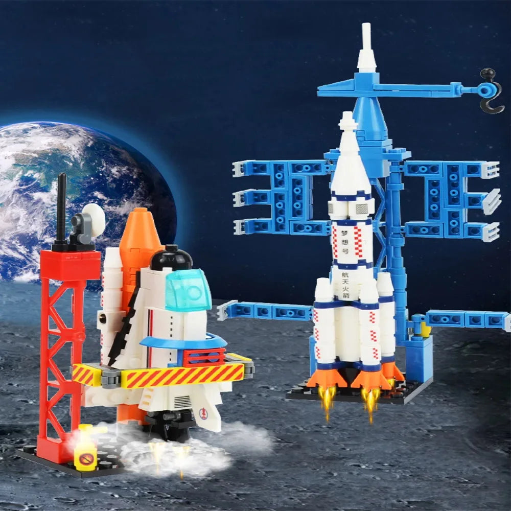 Toy rocket and launch pad set against a space-themed background with Earth visible.