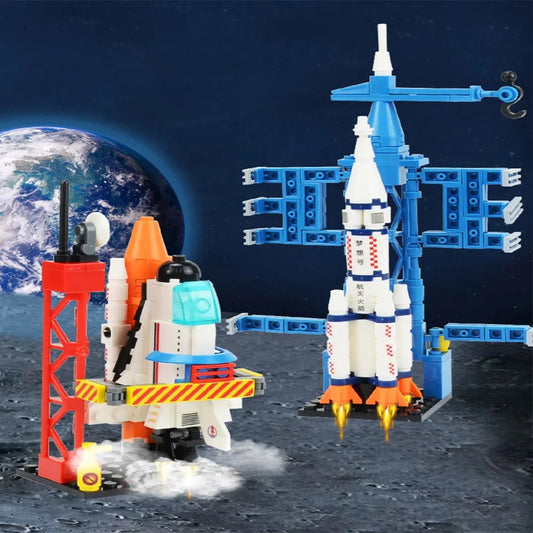 Toy rocket and launch pad set against a space-themed background with Earth visible.