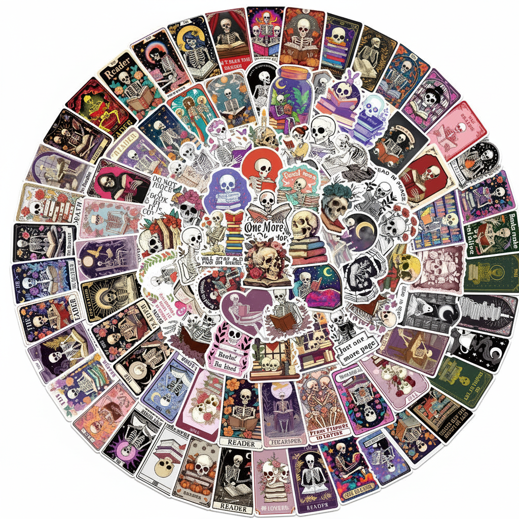 Circular arrangement of variously styled bookish romance stickers.