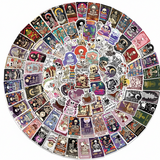 Circular arrangement of variously styled bookish romance stickers.