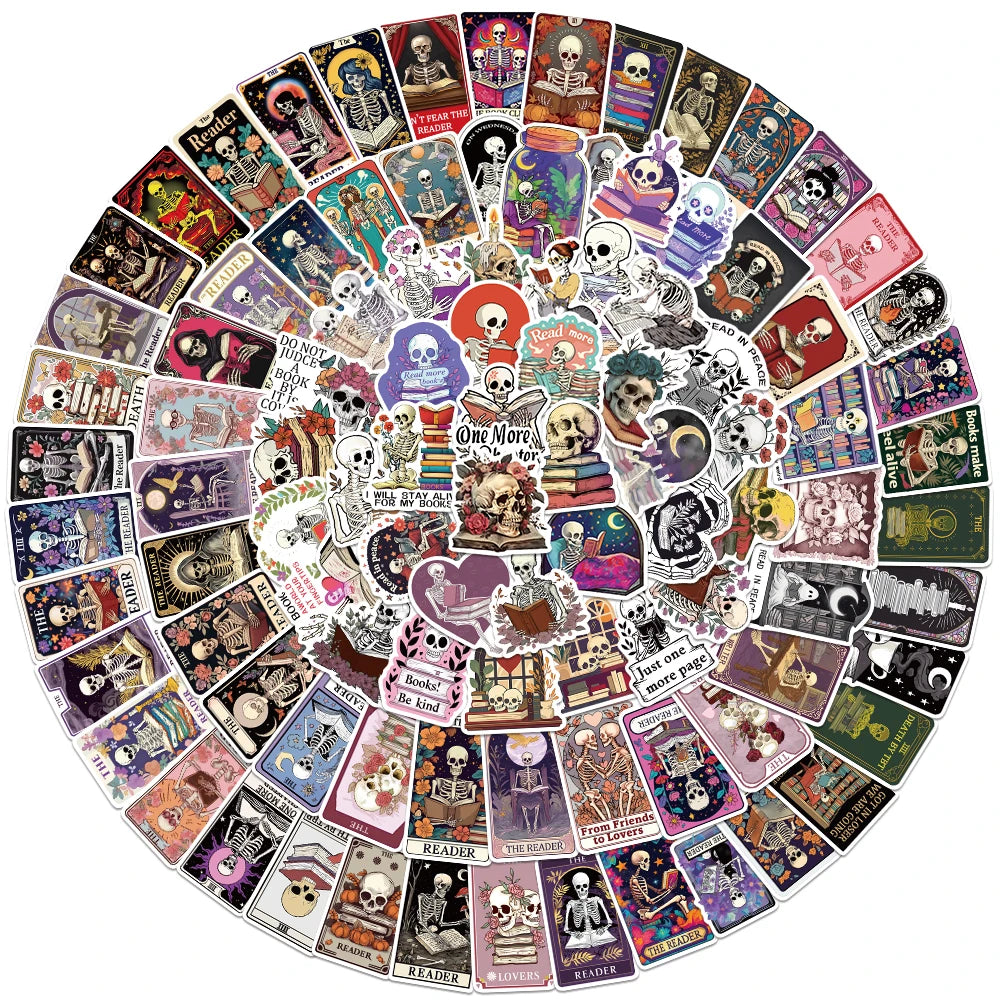 Collection of various stickers arranged in a circular pattern on a white background