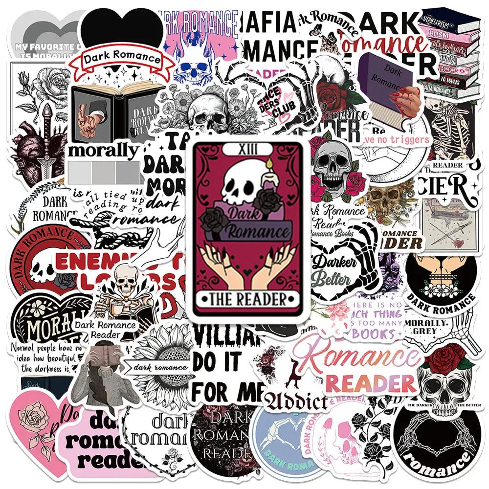 Decal collection of dark romance-themed stickers with various designs and text.