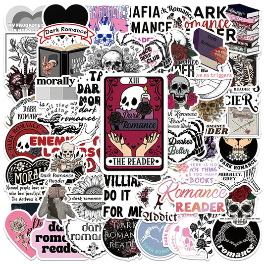 Decal collection of dark romance-themed stickers with various designs and text.