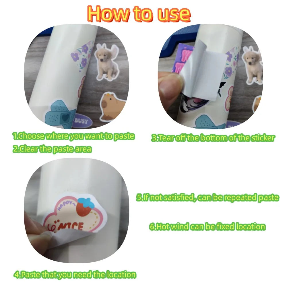 Instructions on how to use stickers with text overlay on a white background
