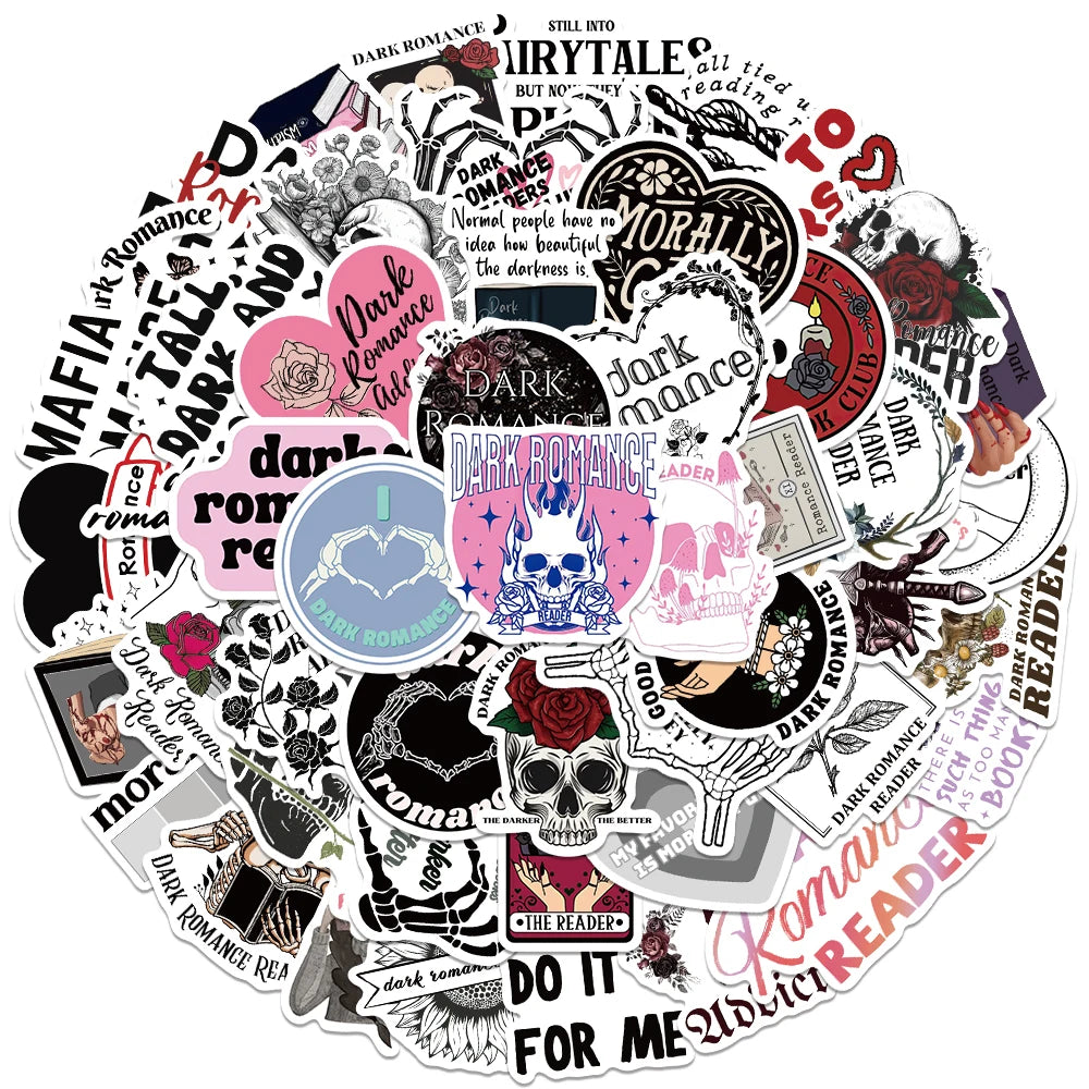 Collection of dark romance-themed stickers on a white background