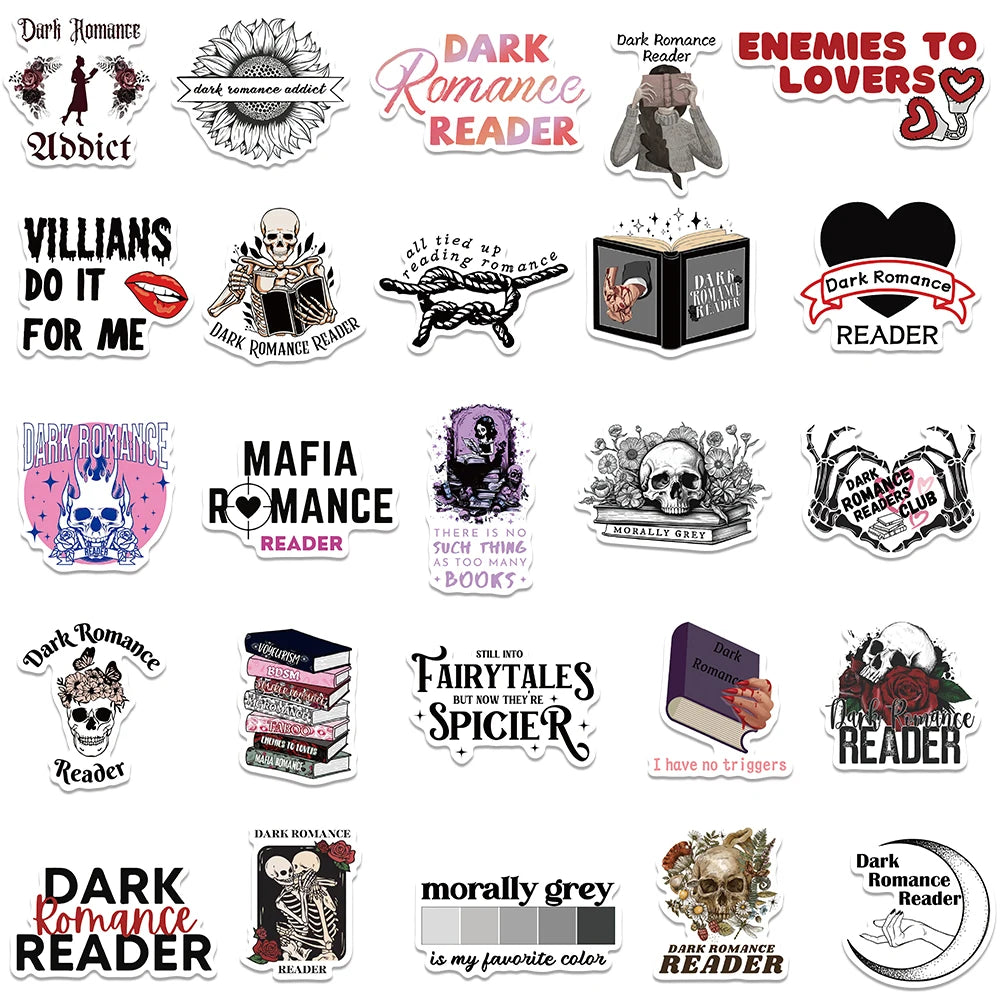 Collection of dark romance themed stickers on a white background