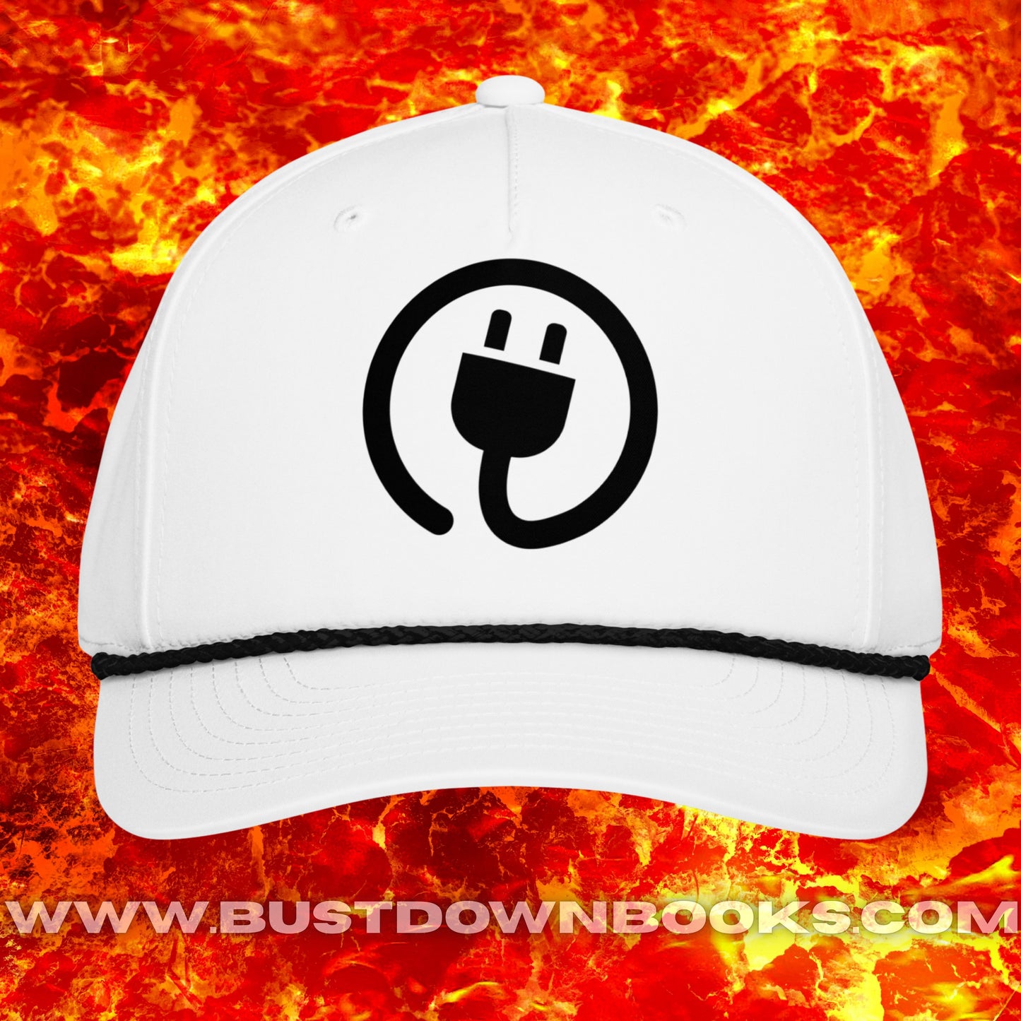 White rope cap with black plug logo circle on front, braided bill cord, mid-profile five-panel snapback.