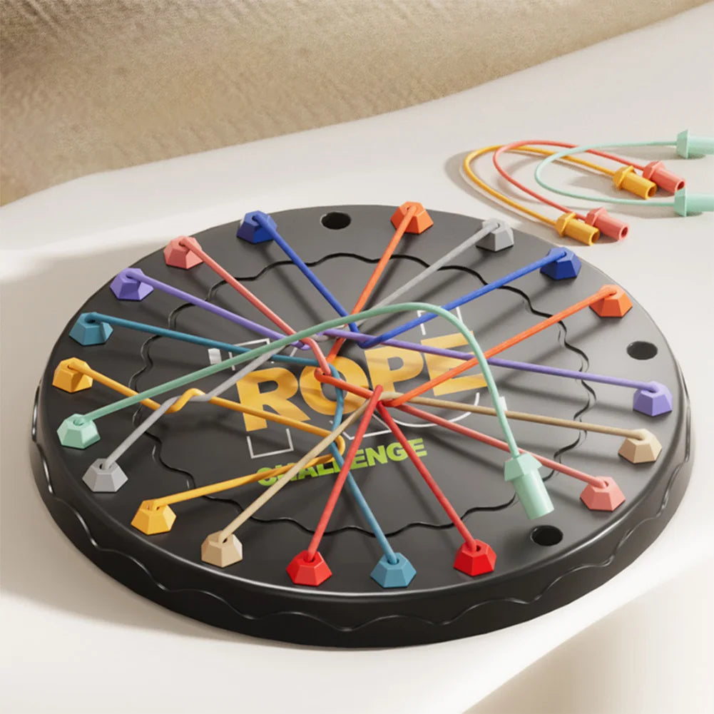 Rope Challenge game board with colorful ropes on a light surface