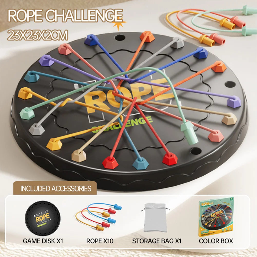 Rope challenge game with colorful ropes and game disk on a white background