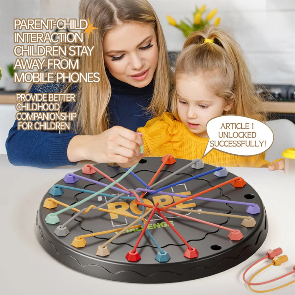 Woman and child playing with a rope challenge game, with text promoting parent-child interaction and limiting screen time.