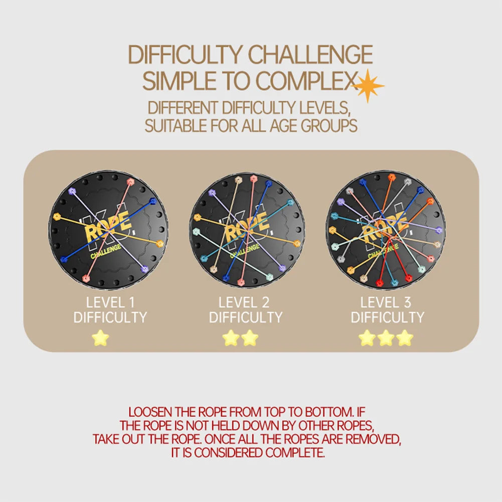 Three levels of a rope challenge with difficulty labels on a beige background