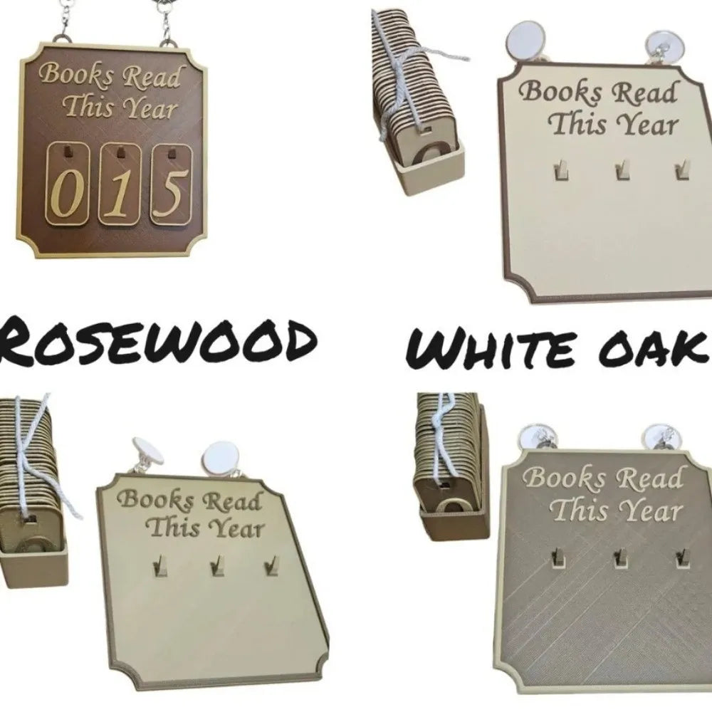 Wooden book tracker with 'Books Read This Year' display in rosewood and white oak finishes.