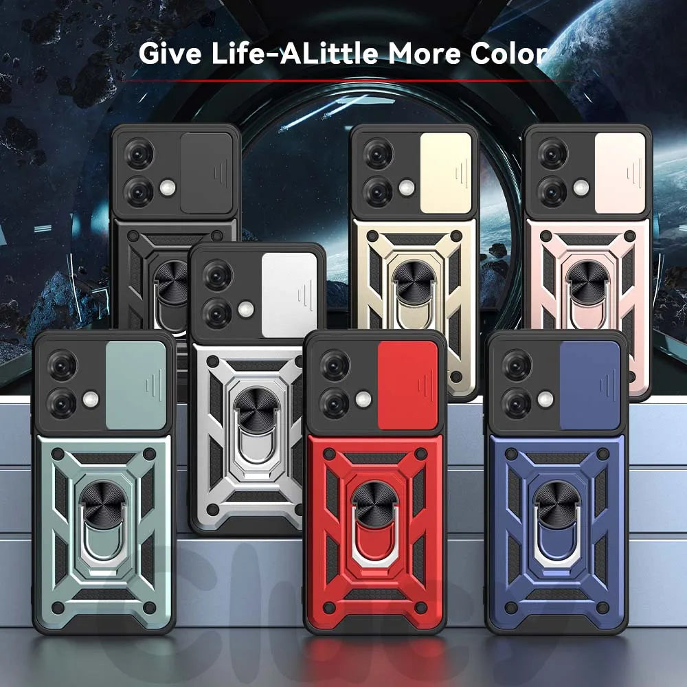 Collection of colorful phone case designs with a space-themed background.