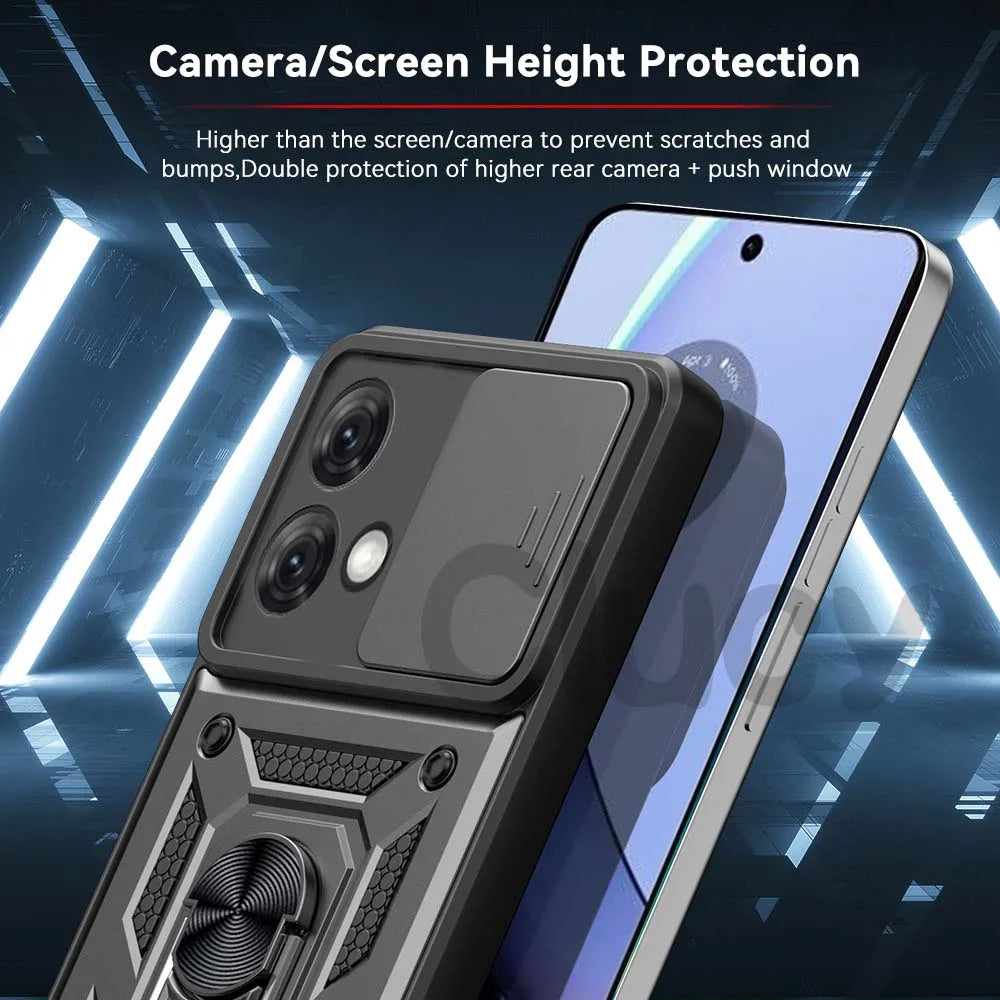 Phone case with camera and screen height protection feature on a dark background