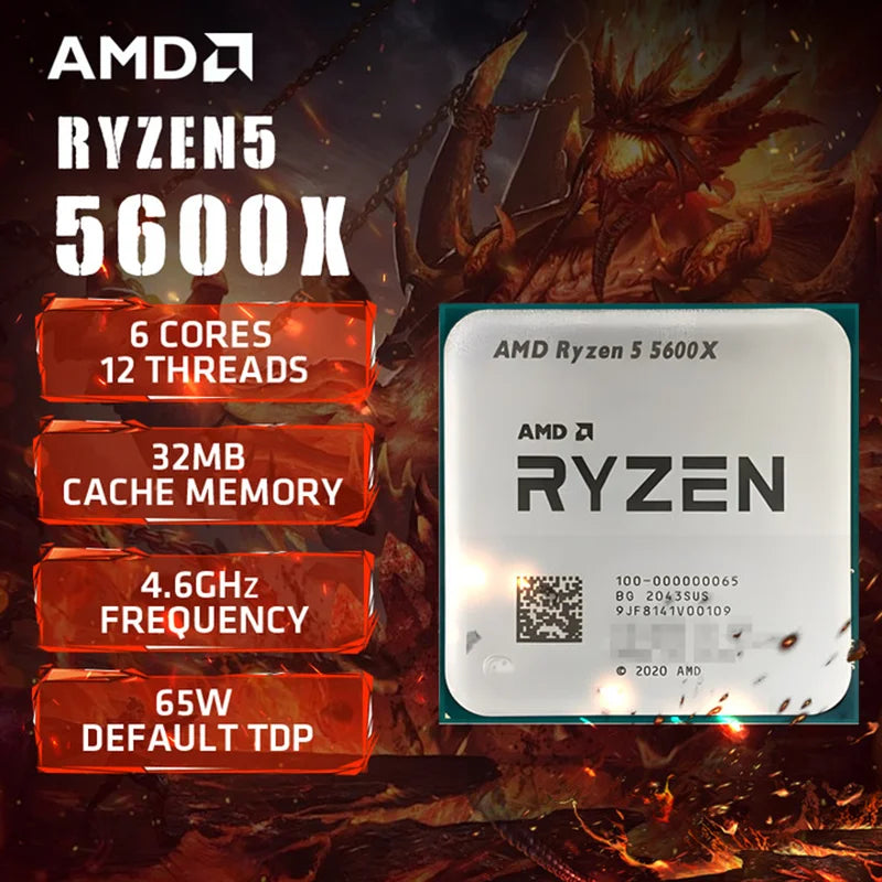 AMD Ryzen 5 5600X processor with specifications on a dark background