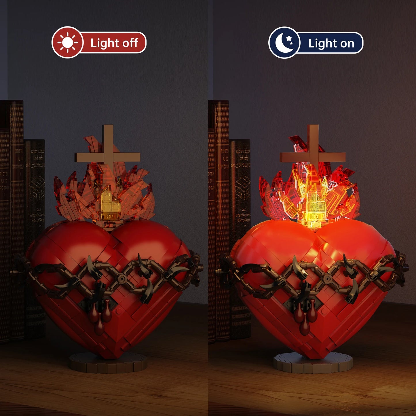 Sacred Heart Block Puzzle light with cross and thorns, shown off and on.
