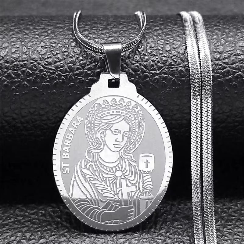 Saint Barbara Medal on Flat Chain: Patron Saint of Firearm Carriers shown in silver option display over black background with Saint Barbara piece on flat chain.