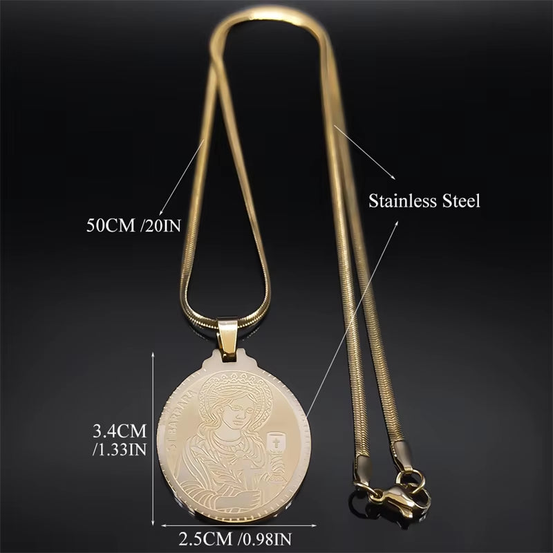 Saint Barbara Medal on Flat Chain: Patron Saint of Firearm Carriers shown laid flat on black background with chain and pendant dimensions and measurement. Gold color option shown in display chart.