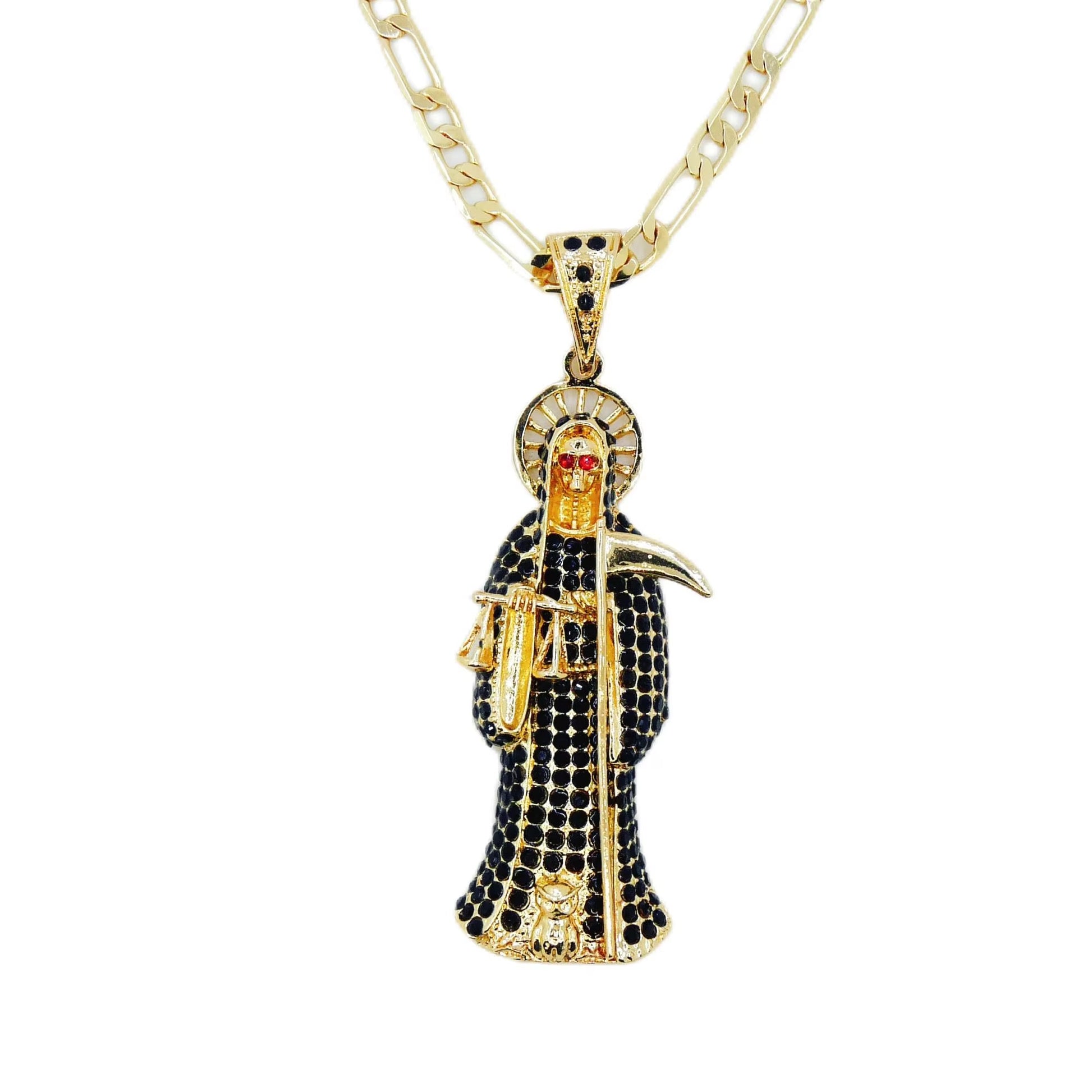 Santa Muerte Necklace with black pendant and figaro style chain over a white background.