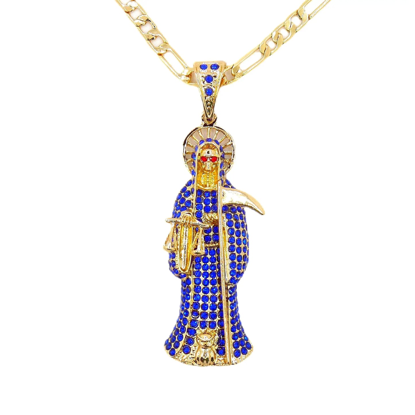 Santa Muerte Necklace with blue pendant and figaro style chain over a white background.