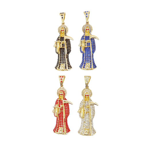 A set of Santa Muerte-themed jewelry, including a Figaro chain necklace and three different colored pendants featuring the figure of Santa Muerte.