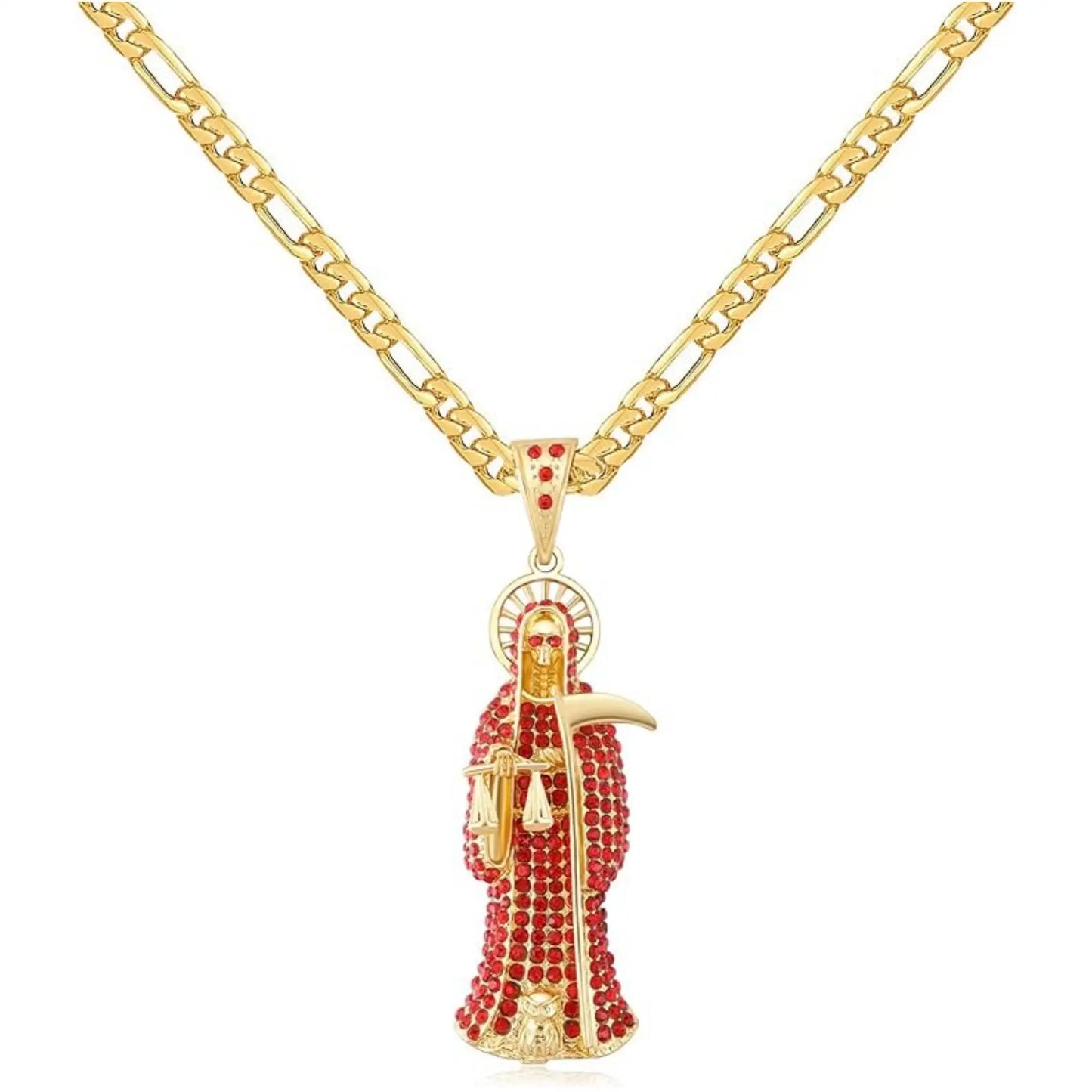 Santa Muerte Necklace with red pendant and figaro style chain over a white background.