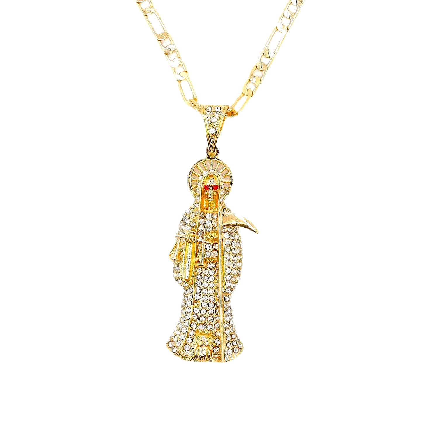 Santa Muerte Necklace with white pendant and figaro style chain over a white background.