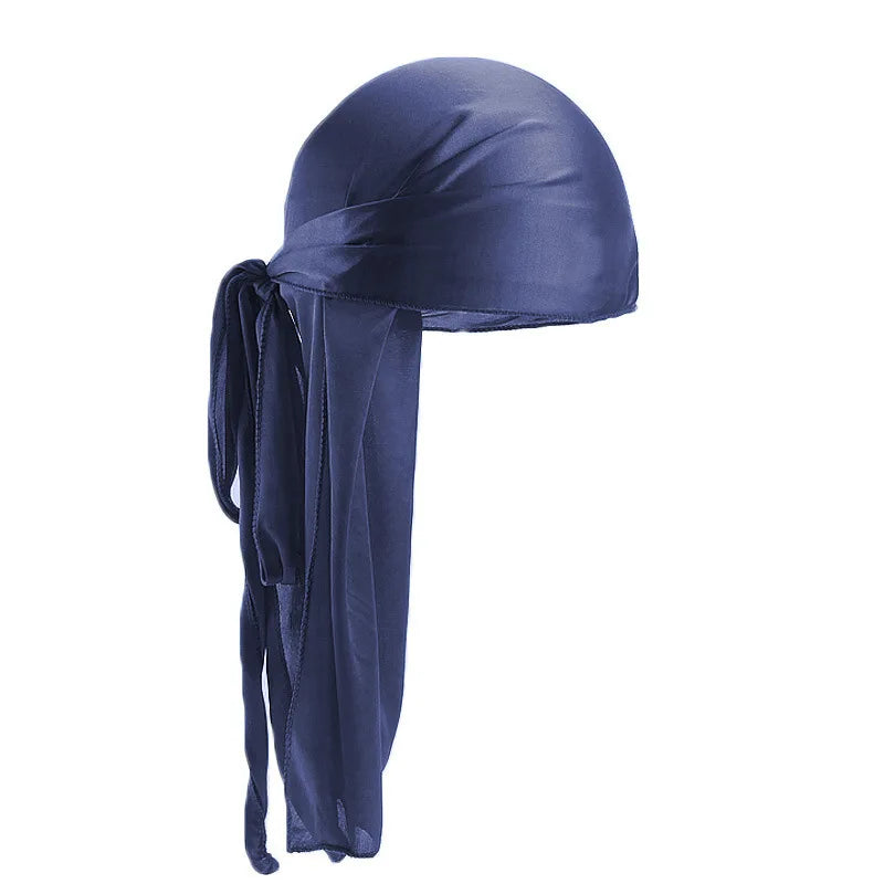 Navy blue satin durag on a white background