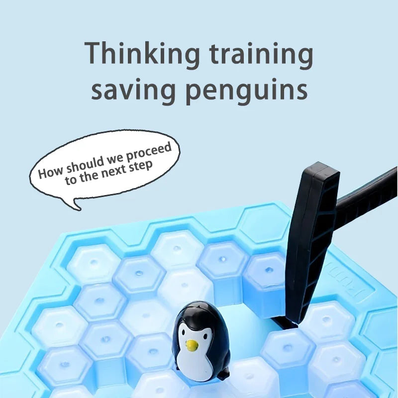 Penguin figurine on an ice cube tray with a hammer, humorously asking 'How should we proceed to the next step?'