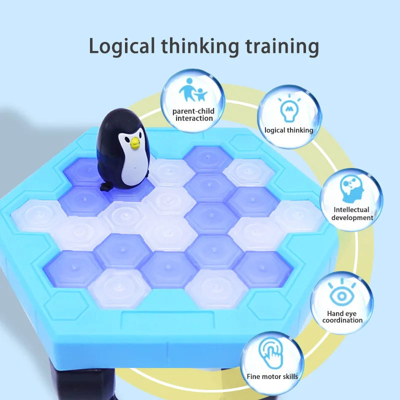 Penguin toy on a hexagonal ice puzzle with educational benefits text