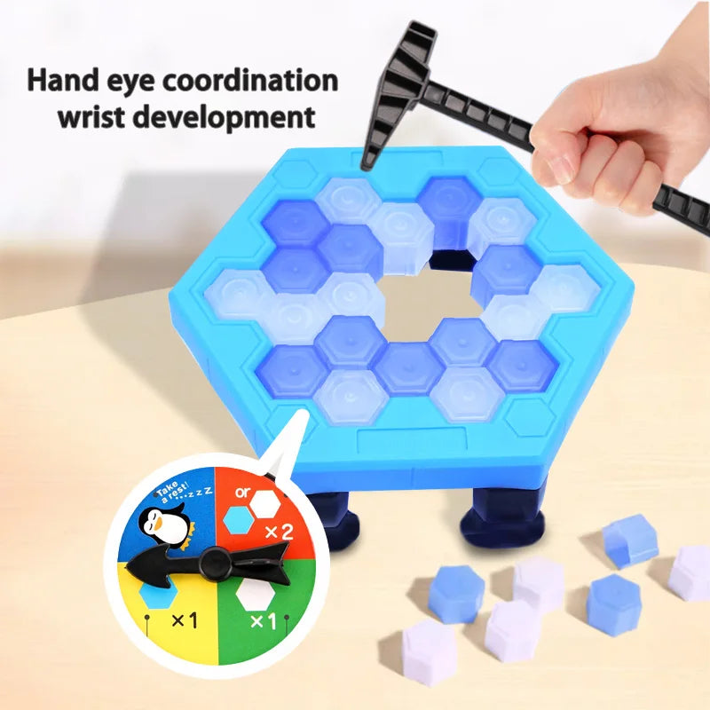 Hexagonal ice-breaking puzzle game with hammer and scattered ice cubes on a light surface.