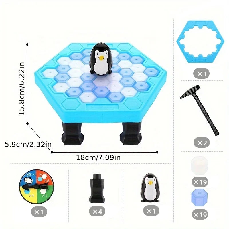 Penguin toy game on a blue ice-like surface game board with measurements and packing items displayed.