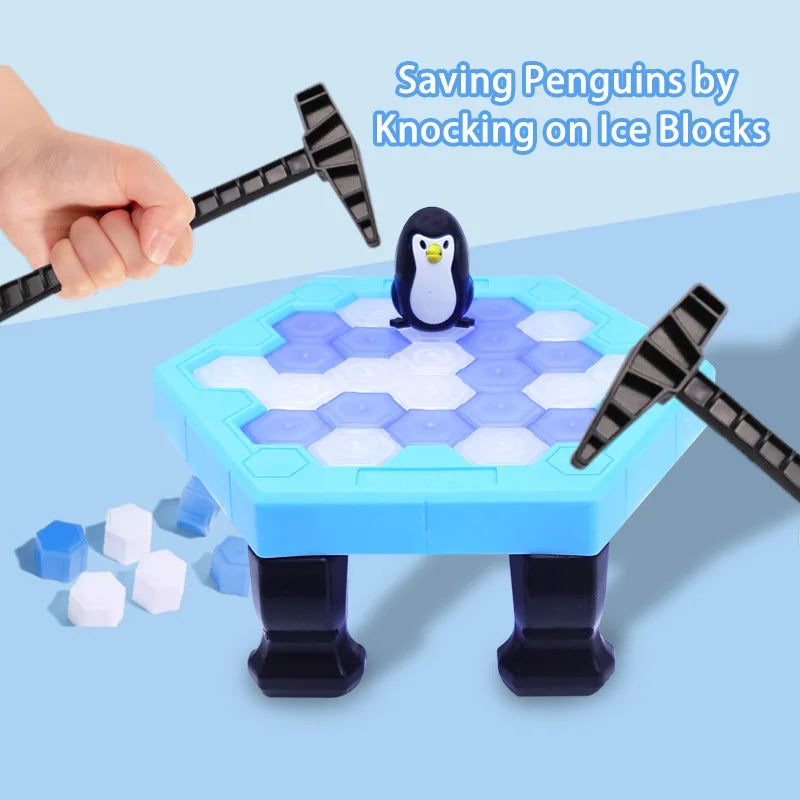 STEM Game set with penguin and ice blocks on a blue background, featuring text 'Saving Penguins by Knocking on Ice Blocks'.