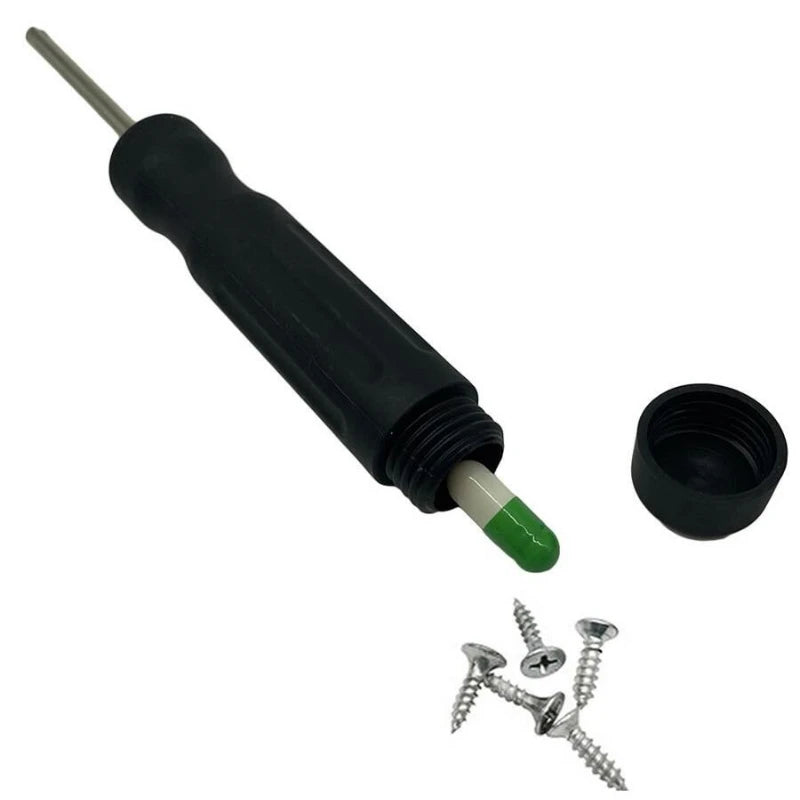 Black screwdriver with green tip and screw cap for hollow hiding storage on a white background