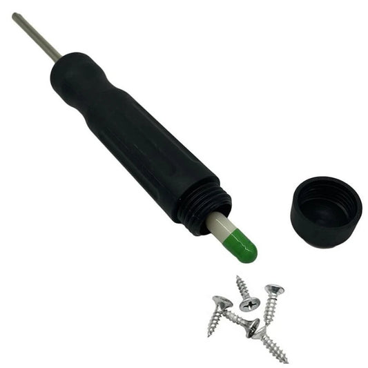 Black screwdriver with green tip and screw cap for hollow hiding storage on a white background