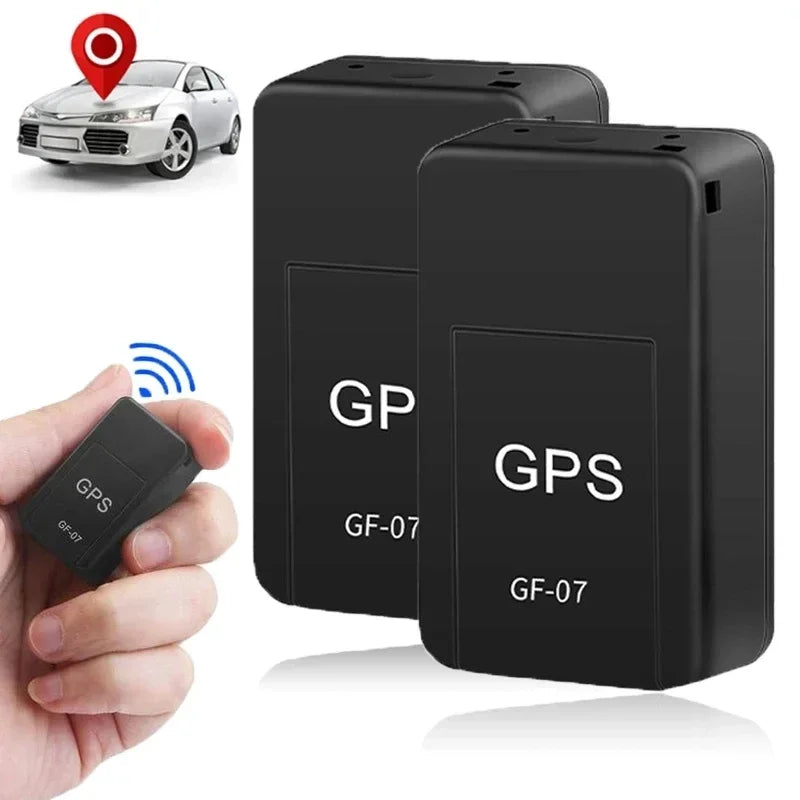 Two GPS trackers labeled GF-07 with a hand holding one, a car, and a map icon in the background.