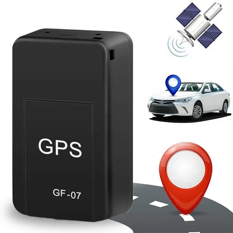 Black GPS tracker with satellite, car, and map icons on a white background
