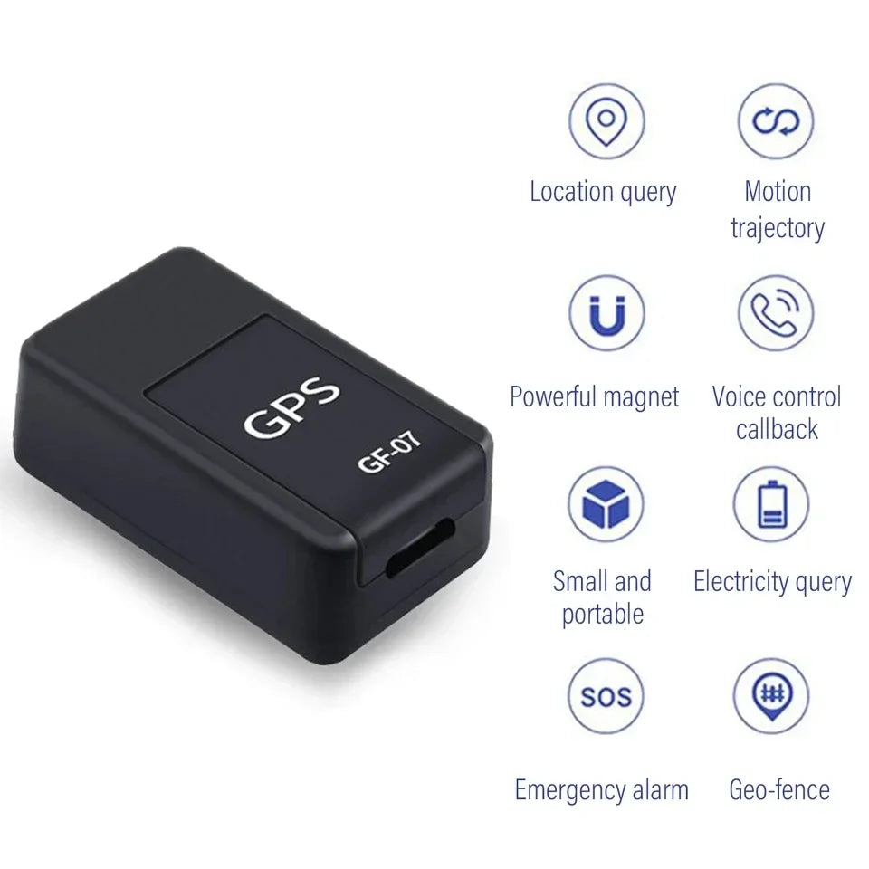 Black GPS tracker with features listed on a white background