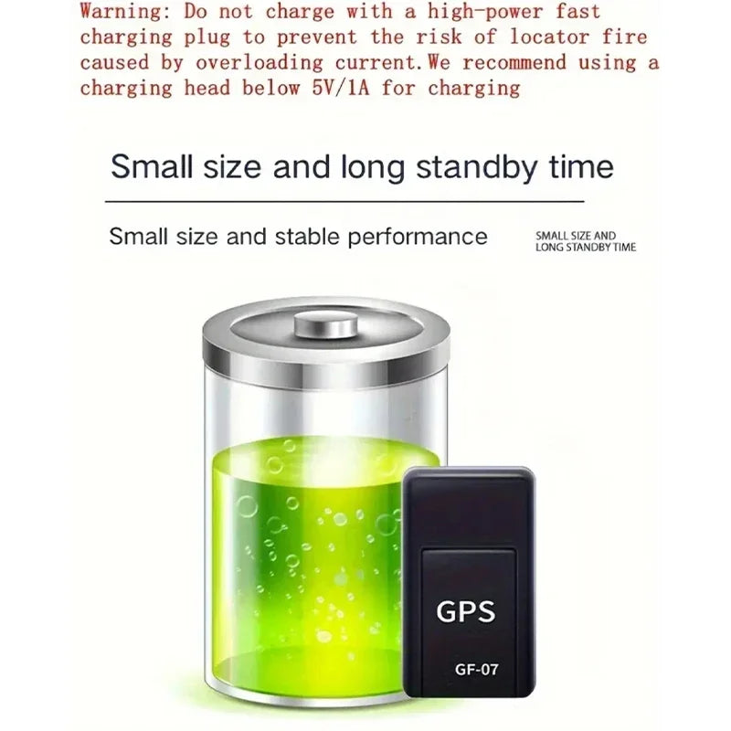 Green battery with a black GPS device labeled GF-07 on a white background