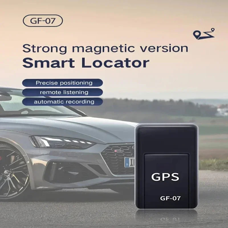 Smart locator device with GPS branding in front of a car on a road.