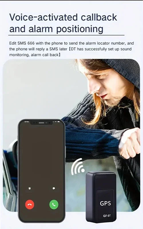 Phone with GPS tracker and person using phone, text about voice-activated callback and alarm positioning.